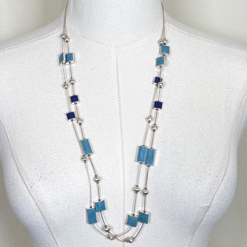 Vintage Enamel Multi-Strand Station Necklace‎ Blue Silver Tone Rectangular Beads